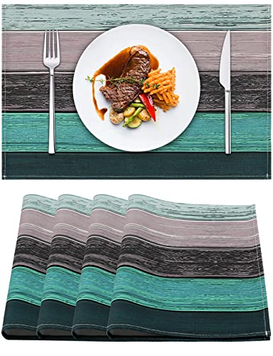 Tischset Leinen Set von 4 Stück Farmhouse Blau Platzsets Rutschfest Ideal für Heimdekor Party Oudoor Esszimmer Landhaus Holzmaserung Waschbare Tischsets 45 X 32cm Teal Esstischmatten Telleruntersetzer von Hanrunsi