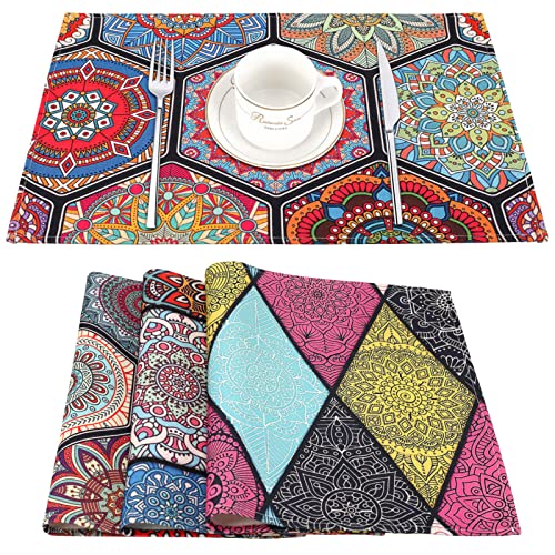 Tischset Boho Tischsets Ethnische Mandala-Blumen-Tischsets rutschfest Waschbar Leicht zu Reinigen Platzsets für Party Abendessen Terrasse Tisch Trendiges Geschenk 4 Stück 45 x 32cm Tischset Leinen von Hanrunsi