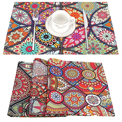Tischset Leinen Tischsets Abwaschbar Set mit 4 Ethnischen Boho Ornamenten Platzsets Blumenmuster Platzset Waschbare rutschfeste Hitzebeständige Rechteckige Tischsets Esszimmer Dekoration 45 x 32 cm von Hanrunsi