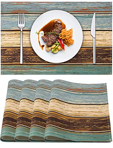 Tischset Grün Tischsets Set von 4 Grünes Tischset Leinen Esstisch Platzsets Farmhouse Tischset Türkis Holz Ideal für Heimdekor Party Indoor Oudoor Esszimmer Holzmaserung Waschbare Tischset 45 X 32 cm von Hanrunsi