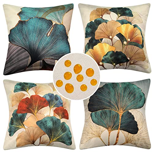 Wasserdichte Kissenbezug 4 Stück 40 x 40 cm Dekorative Outdoor Set Türkis Gold Ginkgo Deko Kissen Kissenhülle Dekokissen Landhausstil Dekorative Sofakissen Leinen Kissenbezüge Decor für Garten Outdoor von Hanrunsi