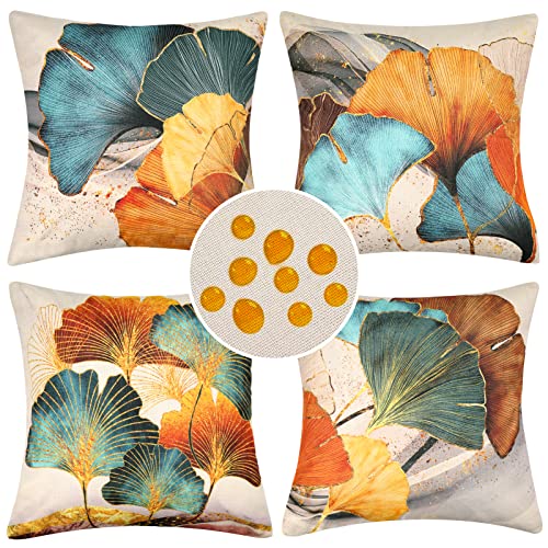 Wasserdichte Kissenbezug 4 Stück 50 x 50 cm Dekorative Outdoor Kissen Wasserfest Atmungsaktiv Goldene Ginkgoblätter grün und Sommer Kissenbezug Werden für Sofakissen Garten Outdoor Partybevorzugung von Hanrunsi