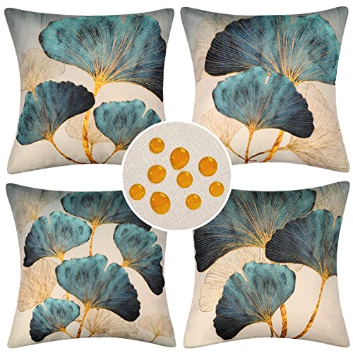 Wasserdichte Kissenbezug 4 Stück 50 x 50 cm Dekorative Outdoor Kissen Wasserfest Atmungsaktiv Goldene Ginkgoblätter grün und Sommer Kissenbezug Werden für Sofakissen Garten Outdoor Partybevorzugung von Hanrunsi