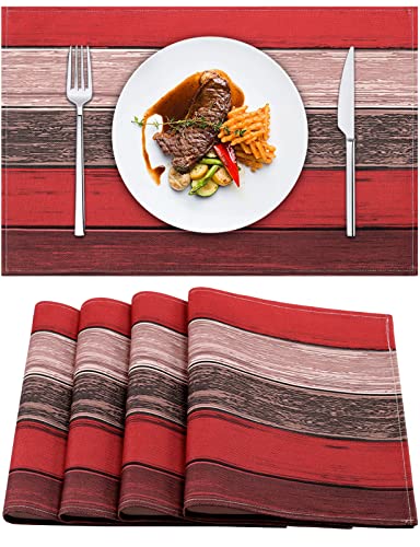 Weihnachten Tischsets Set von 4 Rot Tischset Leinen Esstisch Tischsets Farmhouse Tischset für Heimdekor Party Indoor Oudoor Esszimmer Holzmaserung Waschbare Platzsets 45 X 32 cm Esstischmatten（Rot） von Hanrunsi