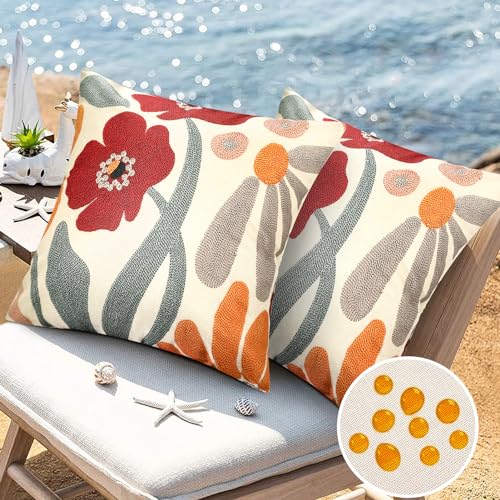 Kissenbezüge Wasserdicht Outdoor 45x45cm Rot 2er Set Bedruckte Blume Kissenbezug Leinen Dekorativ mit Unsichtbarem Reißverschluss für Den Außenbereich Schlafzimmer Wohnzimmer Büro Garten Sofa von Hanrunsi