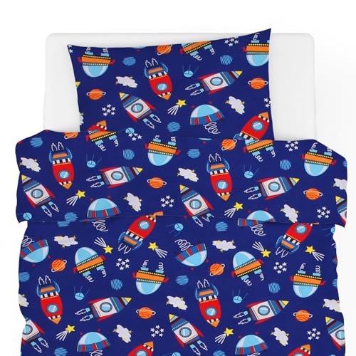 Hans-Textil-Shop Kinderbettwäsche Baumwolle - Bettwäsche, Kinder, Baby, Mädchen, Jungen, Kinderbett, Babybett (Rakete UFO Blau, 100x135 cm + 40x60 cm) von Hans-Textil-Shop
