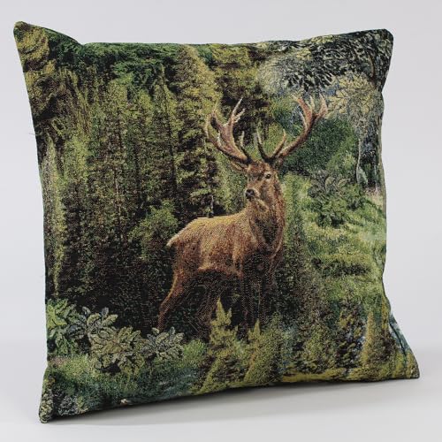 Hans-Textil-Shop Kissenbezug Hirsch im Nationalpark Gobelin - Tiere, Wald, Bayern, Natur, Landhaus, Bäume, Jäger, REH, Deko, Sofa, Couch, Deko (50x50 cm) von Hans-Textil-Shop