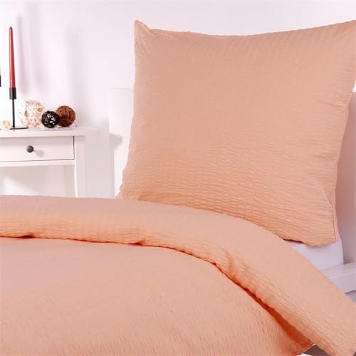 Hans-Textil-Shop Seersucker Bettwäsche Apricot 135x200 + 80x80 cm – bügelfreie Bettwäsche Baumwolle mit Reißverschluss, pflegeleicht & atmungsaktiv von Hans-Textil-Shop
