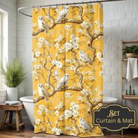 Owl Cottagecore Shower Curtain Toile All Over Print Bath Mat Set Forestcore Style Botanical Chinoiserie Farmhouse Yellow Owl Cottagecore Shower Curtain Toile All Over Print Bath Mat Set Forestcore Style Botanical Chinoiserie Farmhouse Yellow von HansAndersArtIg