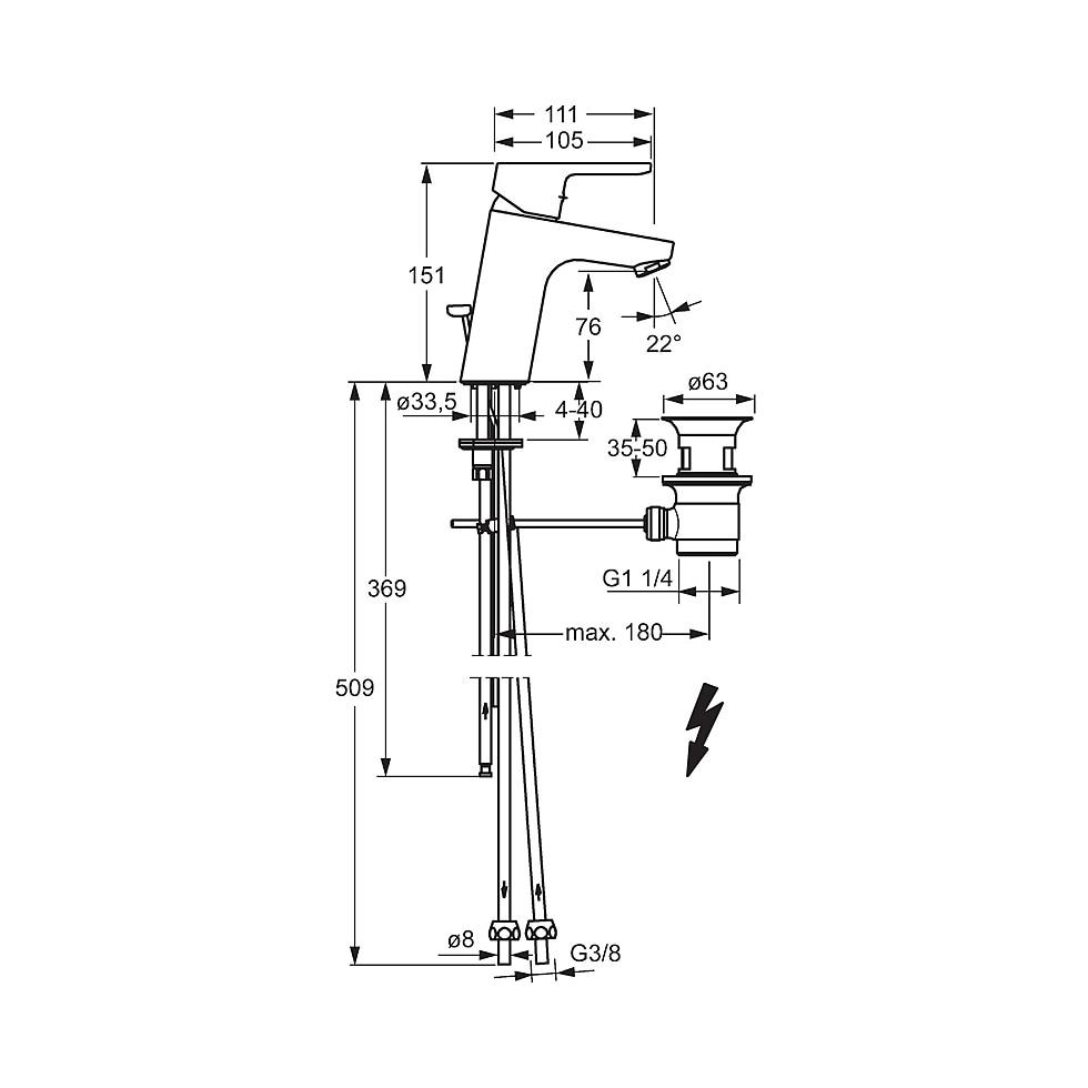 Hansa Primo XL Einhebelmischer Waschtischbatterie 4938 Kupferrohr Zugstangenablaufgarnitur Ausladung 111mm Chrom 49381103 von Hansa