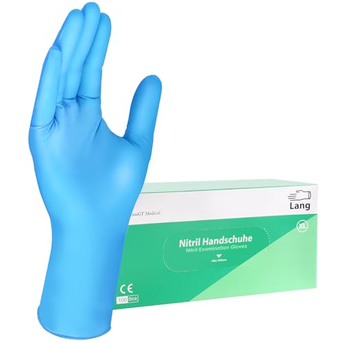 Einweghandschuhe Blau Extra Lang 100 Stück Nitrilhandschuhe puderfrei, Handschuhe Einweg latexfrei, strapazierfähige reißfeste Gummihandschuhe, Einweghandschuhe für Kochen, Reinigen XL von HansaGT Medical