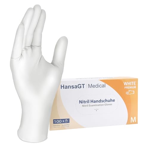 Einweghandschuhe Weiß M 100 Stück Nitrilhandschuhe puderfrei, Handschuhe Einweg latexfrei, strapazierfähige reißfeste Gummihandschuhe, Einweghandschuhe für Kochen, Reinigen, Tattoo & Nagelpflege von HansaGT Medical