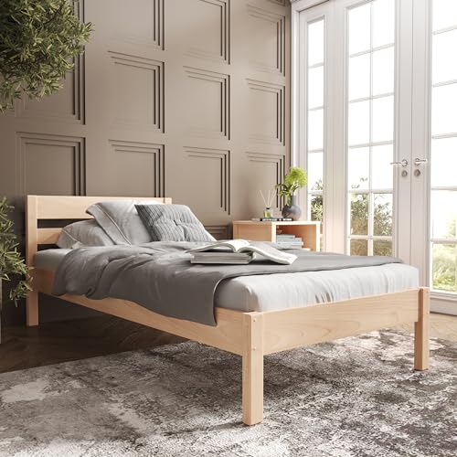 Hansales Holzbett 100x200 cm Külli Scandi Style ohne Rollrost - mit klarem Öl beschichtet - aus unbehandeltem hartem FSC® Birken Vollholz - Naturfarbe - 350 kg - Einzelbett Bettgestell mit Kopfteil von Hansales