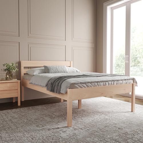 Hansales Seniorenbett 140x200 cm Anu Scandi Style - mit klarem Öl beschichtetüber - aus hartem FSC® Birken Vollholz ohne Rollrost - Naturfarbe - über 350 kg - Holzbett 55 cm hoch mit Kopfteil von Hansales