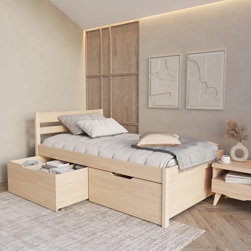 Hansales Seniorenbett 90x200 cm Triin Scandi Style ohne Rollrost - mit Zwei Unterbettbox - aus unbehandeltem massivem FSC® Birkenmassivholz - Naturfarbe - bis 350 kg - Einzelbettgestell mit Kopfteil von Hansales