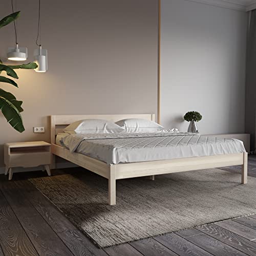 Hansales Holzbett 180x200 cm Kaja Scandi Style ohne Rollrost - mit klarem Öl beschichtet - aus unbehandeltem hartem FSC® Birken Vollholz - Naturfarbe - 350 kg - Einzelbett Bettgestell mit Kopfteil von Hansales