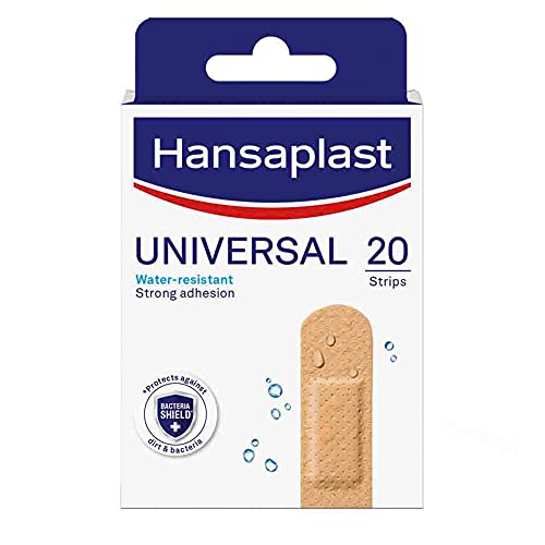 HANSAPLAST Universal – 20 vorgeschnittene Pflaster – wasser- und staubdicht – Hautfarben – 4 verschiedene Formate: 8 kleine, 6 mittel, 2 große, 4 runde Pflaster von Hansaplast