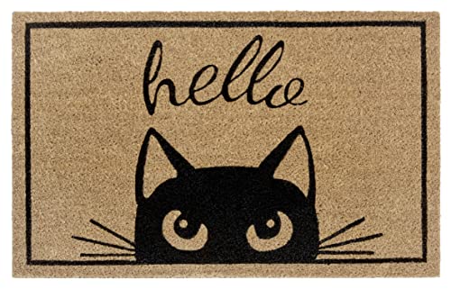 Hanse Home Fußmatte Kokos 45x70cm – rutschfeste Schmutzfangmatte Natur für Innen, Fußabtreter Hello Katze Kokosfaser Kokosmatte für Eingangsbereich & überdachten Außenbereich von Hanse Home