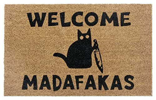 Hanse Home Kokos Fußmatte für Innen - Schmutzfangmatte Natur, Kokosmatte Katze Welcome Madafakas, Fußabtreter Wetterfest und rutschfest für Flur, Terrasse, Eingangsbereich - 45x75cm von Hanse Home