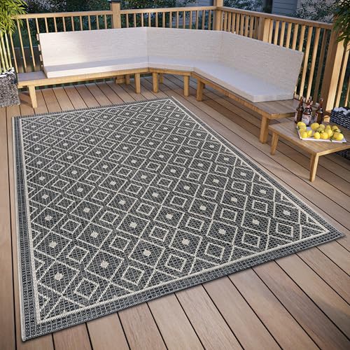 Hanse Home Lahal Outdoor Teppich Wetterfest – Modernes Geometrisches Rauten Muster, Wasserfest robuster Aussenteppich Flachgewebe für Garten, Balkon, Terrasse, Wohnzimmer – Grau Beige, 76x150cm von Hanse Home