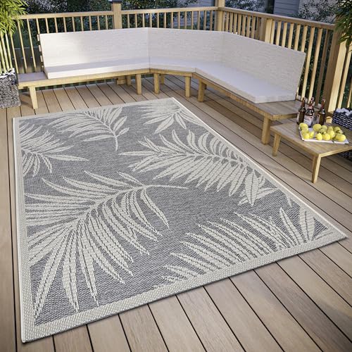 Hanse Home Paru Outdoor Teppich Wetterfest – Modernes Palmen Muster Florales Design, Wasserfest robuster Aussenteppich Flachgewebe für Garten, Balkon, Terrasse, Wohnzimmer – Grau Creme, 76x150cm von Hanse Home
