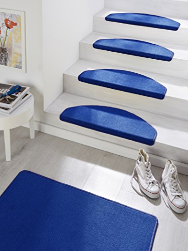 Hanse Home Stufenmatten Fancy – Treppen-Teppich Treppenmatten Selbstklebend Sicherheit Stufenteppich halbrund für Treppenstufen – Blau, ca. 23x65cm 15 Stück von Hanse Home
