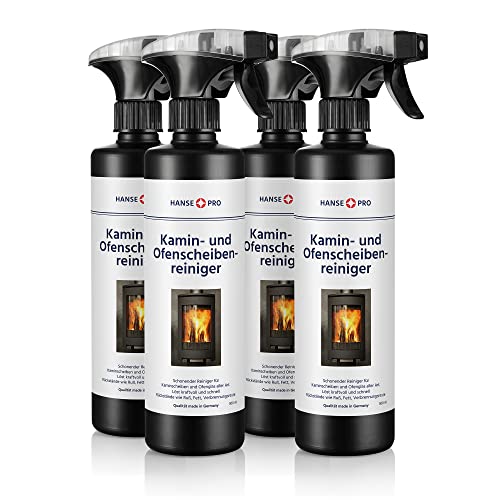 HANSE PRO Kamin- und Ofenscheiben-Reiniger, 500 ml I Ideal gegen hartnäckige Verschmutzungen wie Eingebranntes, Teer und Ruß I Kaminglas-Reiniger I Ofenglas-Reiniger (4 x 500 ml) von Hanse Pro