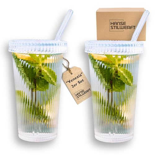 Hanse Stilwerft® Venezia Gläser-Set für Heiß- & Kaltgetränke, 360 ml, Mit Deckel und Glasstrohhalm, Latte Macchiato, Cappuccino, Kaffeegläser (2) von Hanse Stilwerft