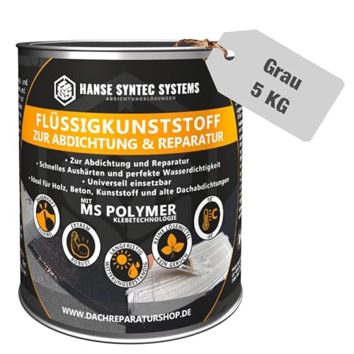 HSS Flüssigkunststoff für Abdichtung & Reparatur - Hohe Ergiebigkeit, Lösemittel- & bitumenfrei, Dichtet sofort, MS Polymere, Wasserabdichtung, UV- & Witterungsbeständig (Grau, 5Kg Dose) von HSS