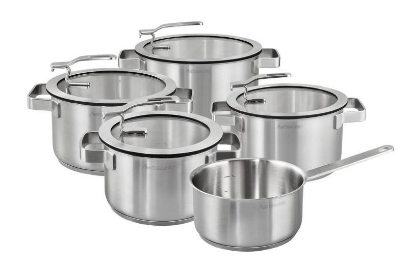 Hanseatic Topf-Set STYLE, Edelstahl 18/10 (Set, 9-tlg., Fleischtopf 1x 16 cm / 2x 20 cm / 1x 24 cm, Stielkasserolle 16 cm), Deckel mit praktischer Aufhänge-Funktion, Induktion von Hanseatic