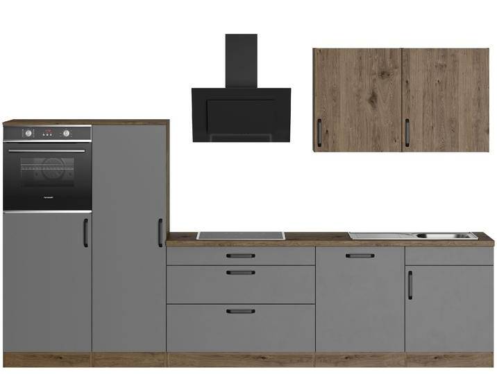 Küchenzeile WIHO KÜCHEN Elba , grau (front: graphitfarben, korpus: halifax eichefarben braun, arbeitsplatte: eichefarben braun), B:330cm T:60cm, Komplettküchen-Sets, wahlweise mit Hanseatic E-Geräten, Breite 330 cm von Hanseatic