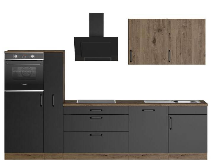 Küchenzeile WIHO KÜCHEN Elba , schwarz (front: schwarz, korpus: halifax eichefarben braun, arbeitsplatte: eichefarben braun), B:310cm T:60cm, Komplettküchen-Sets, wahlweise mit Hanseatic E-Geräten, Breite 310 cm von Hanseatic