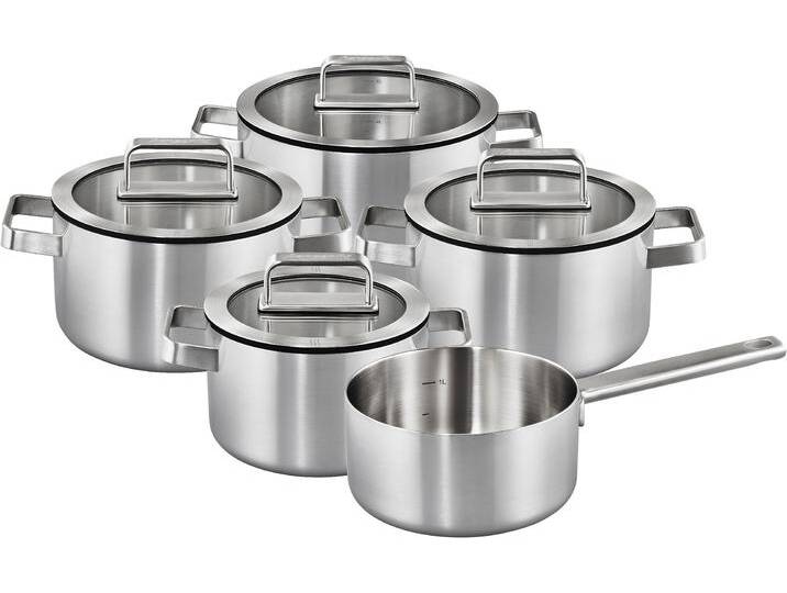 Topf-Set HANSEATIC PREMIUM , silberfarben, Töpfe, handfreundliche Griffe, Literskala, Glasdeckel, Induktion von Hanseatic