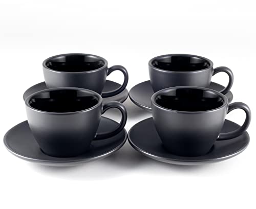 Hanseküche Cappuccino Tassen 4er Set (180 ml) aus Steingut - Hochwertige und dickwandige Kaffeetassen mit Untertassen (Schwarz) von Hanseküche