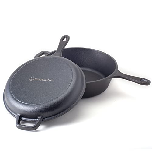 Hanseküche Gusseisen 2in1 Topf mit Pfannendeckel – Hochwertiger Bräter mit Pfanne, Ø 26 cm, bereits eingebrannter Kochtopf zum Kochen, Brot backen, Braten oder Schmoren von Hanseküche