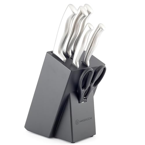 Hanseküche Messerblock - Messerset 7-teilig mit integriertem Messerschärfer - Messerhalter mit Messer - Küchenmesser Set Kochmesser, Messerset mit Block, Messer Set schwarz von Hanseküche