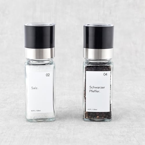 Hanseküche - Salz- und Pfeffermühle Set mit 8 wasserfesten Labels - Verstellbares Keramikmahlwerk - Gewürzmühle Duo für grobes Salz und Pfeffer- Kompaktes Mühlen-Set von Hanseküche
