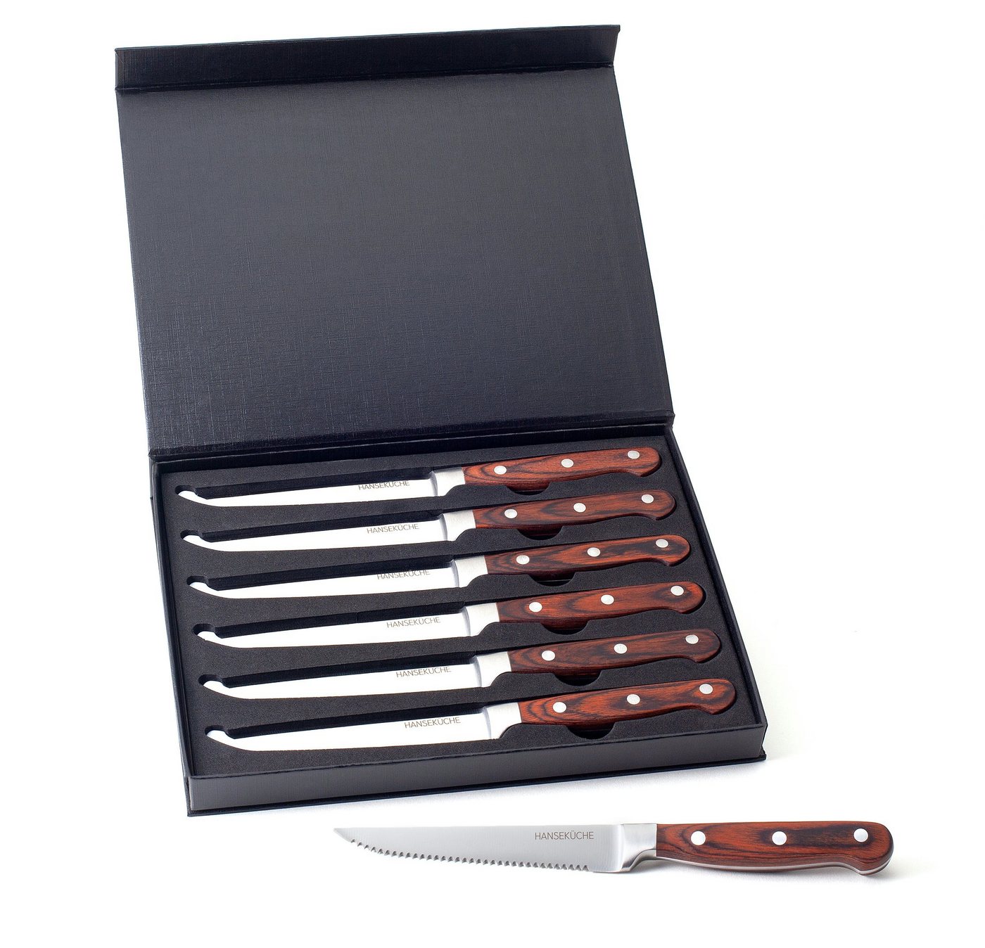 Hanseküche Steakmesser Steakmesser 6er Set – mit Holzgriff (Braun) (6 Stück), Modernes Design, Geschenkbox von Hanseküche