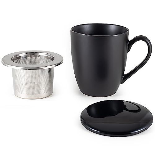 Hanseküche Teetasse mit Deckel und Sieb – XXL Teebecher 600ml – Große Tee Tasse Keramik – Jumbotasse – Tasse mit Deckel, Keramik, Teefilter, Teesieb, Groß (Schwarz, 600 ml) von Hanseküche