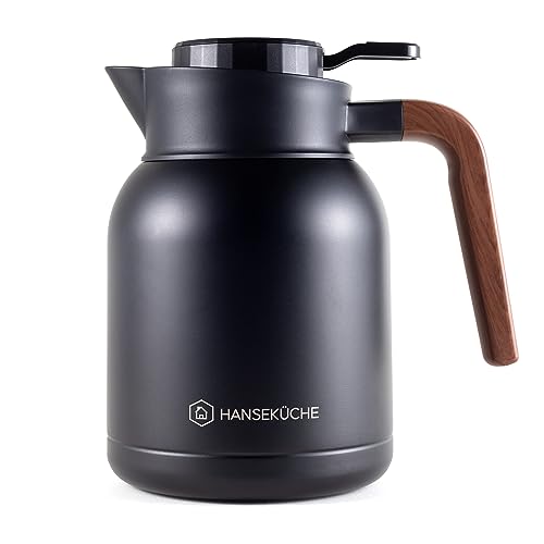 Hanseküche Thermoskanne (1,5L) aus hochwertigem 304 Edelstahl - Isolierkanne, Kaffekanne mit edler Holzoptik (Schwarz) von Hanseküche