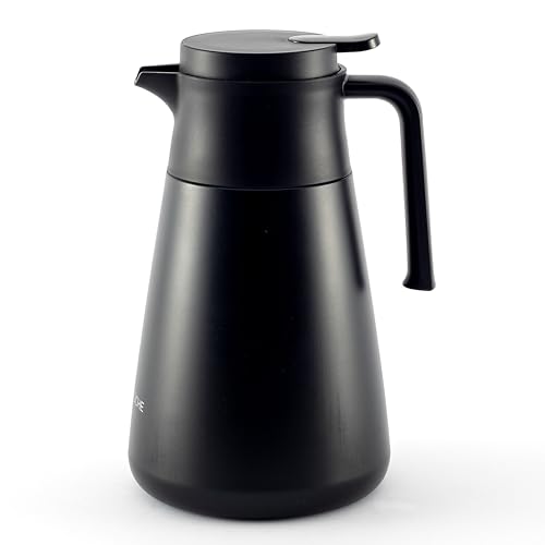 Hanseküche Thermoskanne (1,5L) aus hochwertigem 304 Edelstahl - Isolierkanne, Kaffekanne mit edler Holzoptik (Schwarz, Oval) von Hanseküche