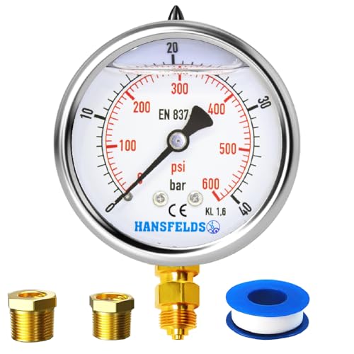 Hansfelds Manometer 0–40bar/psi, 63 mm Zifferblatt, flüssigkeitsgefüllt, 1/4 Zoll BSP unterer Anschluss, Messing-Innenleben und Anschluss,Genauigkeit 1,6,inkl. 2 Reduzierstücke auf 3/8" und1/2". von HANSFELDS