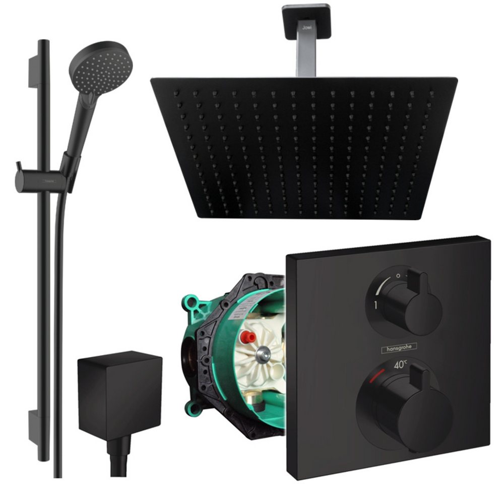 Hansgrohe und Jowi Duscharmatur Ecostat Square Unterputz Duschsystem, Schwarz, Deckenanschluss (Unterputz-Duschsystem) Mattschwarz, Thermostat von Hansgrohe und Jowi