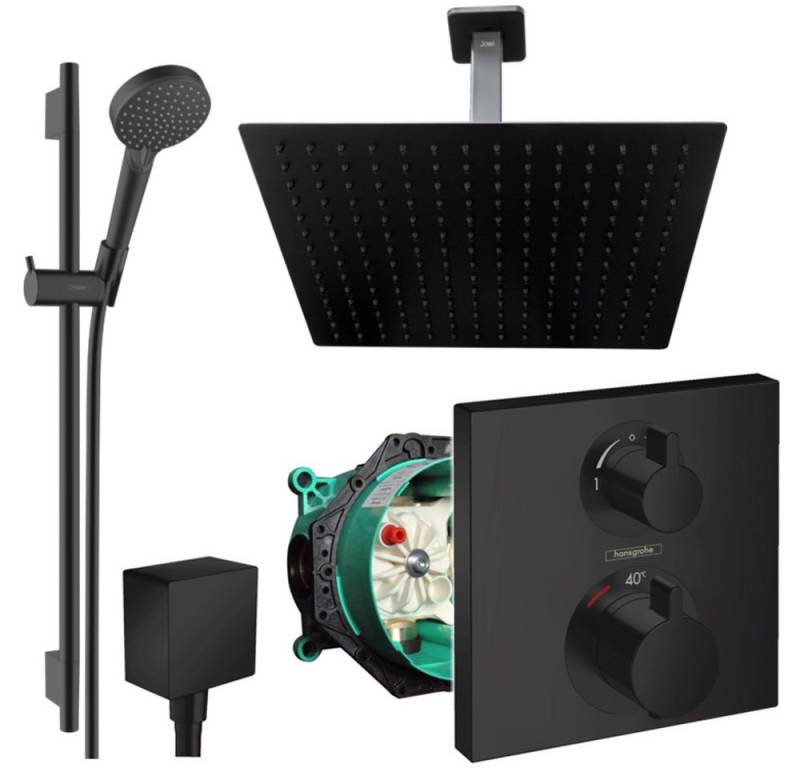 Hansgrohe und Jowi Duscharmatur Ecostat Square Unterputz Duschsystem, Schwarz, Deckenanschluss (Unterputz-Duschsystem) Mattschwarz, Thermostat von Hansgrohe und Jowi
