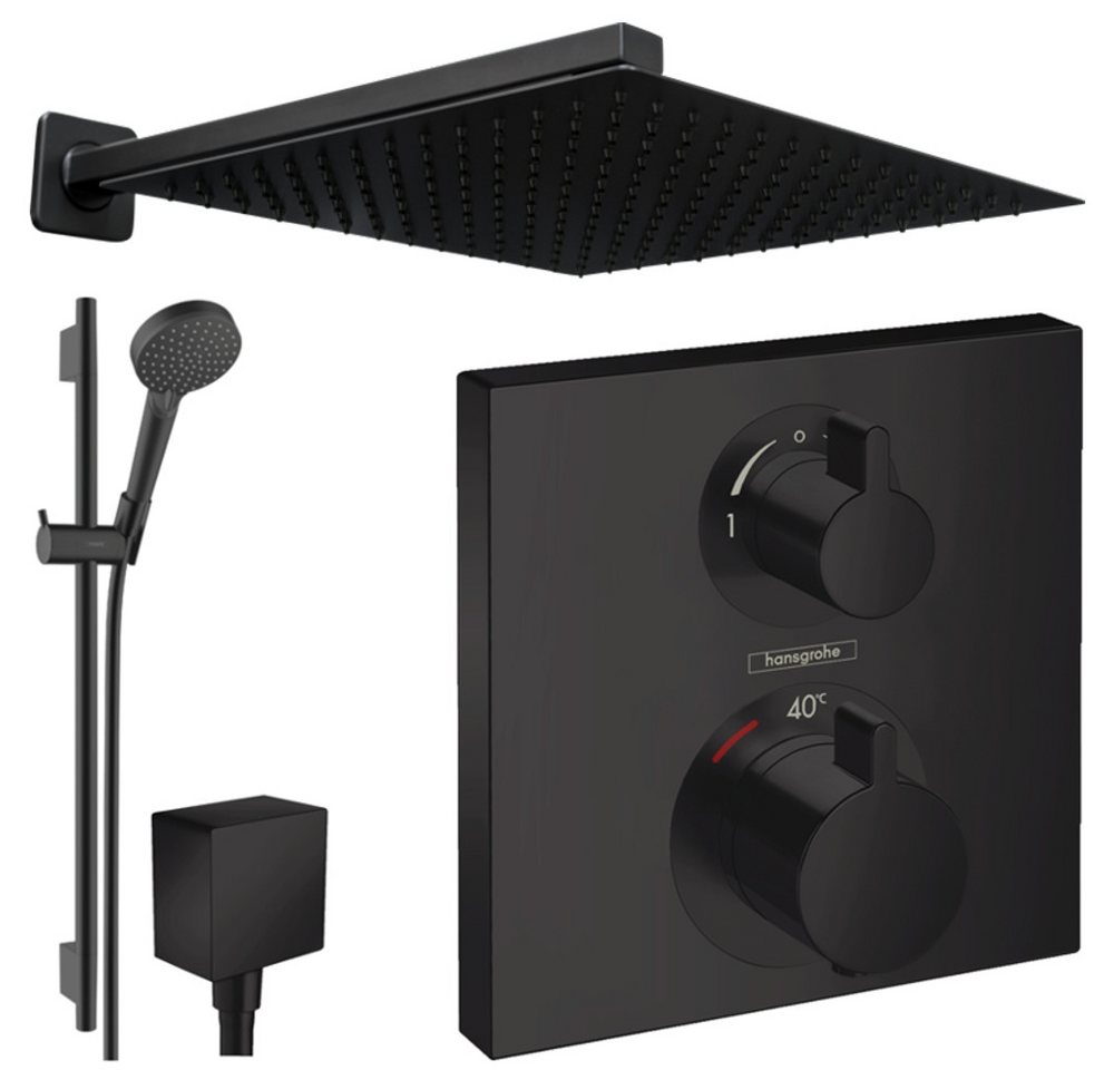 Hansgrohe und Jowi Duscharmatur Ecostat Square Unterputz Duschsystem mit Kopfbrause, Schwarz (Unterputz-Duschsystem, Set) Mattschwarz, Thermostat, 65cm Brausestange von Hansgrohe und Jowi