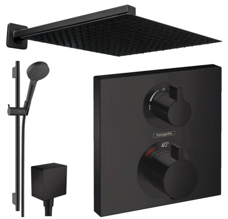 Hansgrohe und Jowi Duscharmatur Ecostat Square Unterputz Duschsystem mit Kopfbrause, Schwarz (Unterputz-Duschsystem, Set) Mattschwarz, Thermostat, 65cm Brausestange von Hansgrohe und Jowi