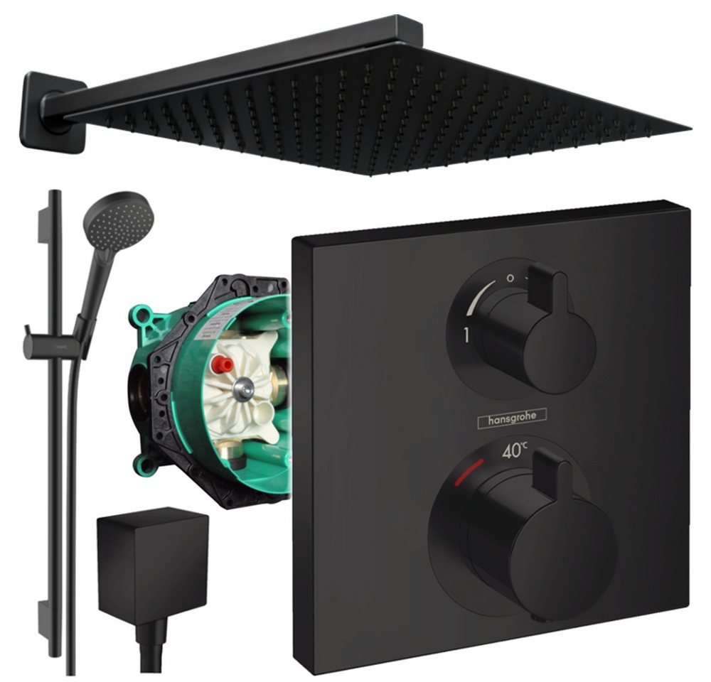 Hansgrohe und Jowi Duscharmatur Ecostat Square Unterputz Duschsystem mit Kopfbrause, Schwarz (Unterputz-Duschsystem, Set) Mattschwarz, Thermostat, 65cm Brausestange von Hansgrohe und Jowi