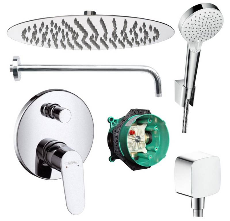 Hansgrohe und Jowi Duscharmatur Focus Unterputz Duschsystem, Regendusche runde Kopfbrause 300mm (Unterputz-Duschsystem, Set) Kopfbrause und Brausearm aus Edelstahl von Hansgrohe und Jowi