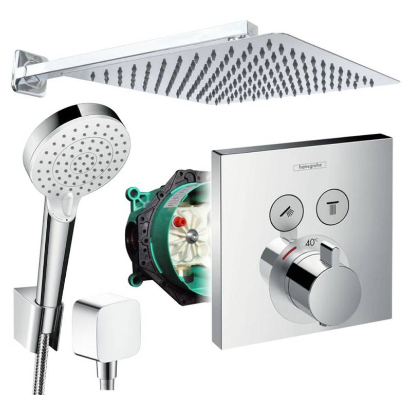Hansgrohe und Jowi Duscharmatur ShowerSelect Thermostat, Unterputz Duschsystem mit Kopfbrause (Unterputz-Duschsystem, Set) Thermostat, Kopfbrause und Brausearm aus Edelstahl von Hansgrohe und Jowi