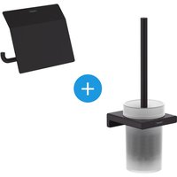 Hansgrohe - AddStoris Set Toilettenpapierhalter mit Deckel + Wand-WC-Bürstenhalter aus Mattglas, Mattschwarz (41753670-Addstoris) von Hansgrohe